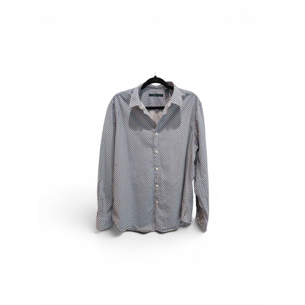 Perry Ellis Men XL Blue White Geometric Medallion Print Cotton Button Down Shirt